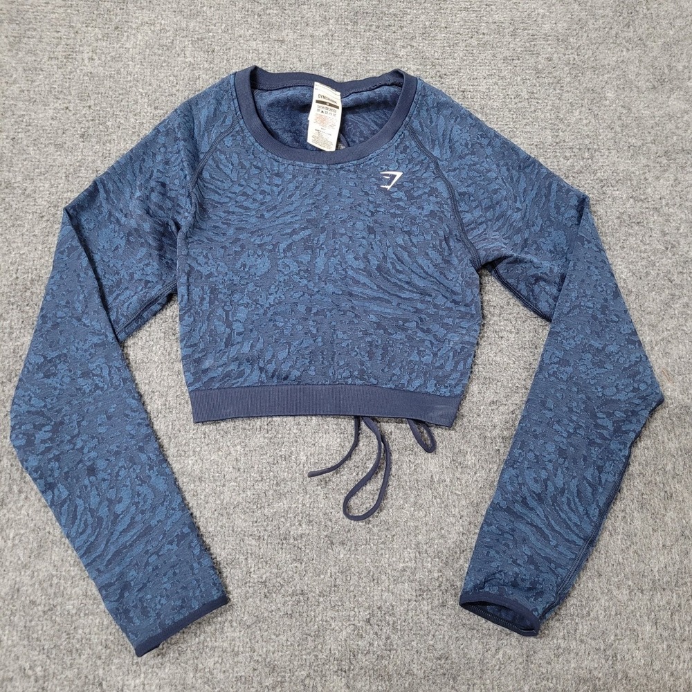 Gymshark Crop Top Womens Size M Blue Animal Print Lace Up Back Long Sleeve Top
